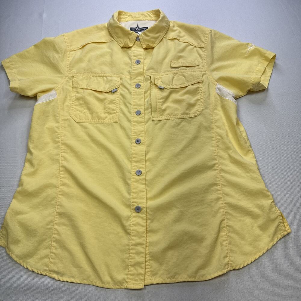 Habit Shirt Womens Sz L Yellow Short Sleeve Button Up Solar-Factor Fishing #0260